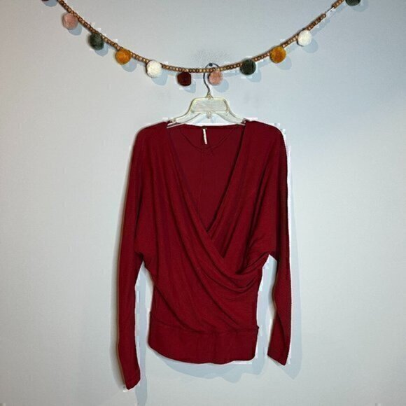 Free People deep red ribbed faux wrap top - Picture 1 of 5
